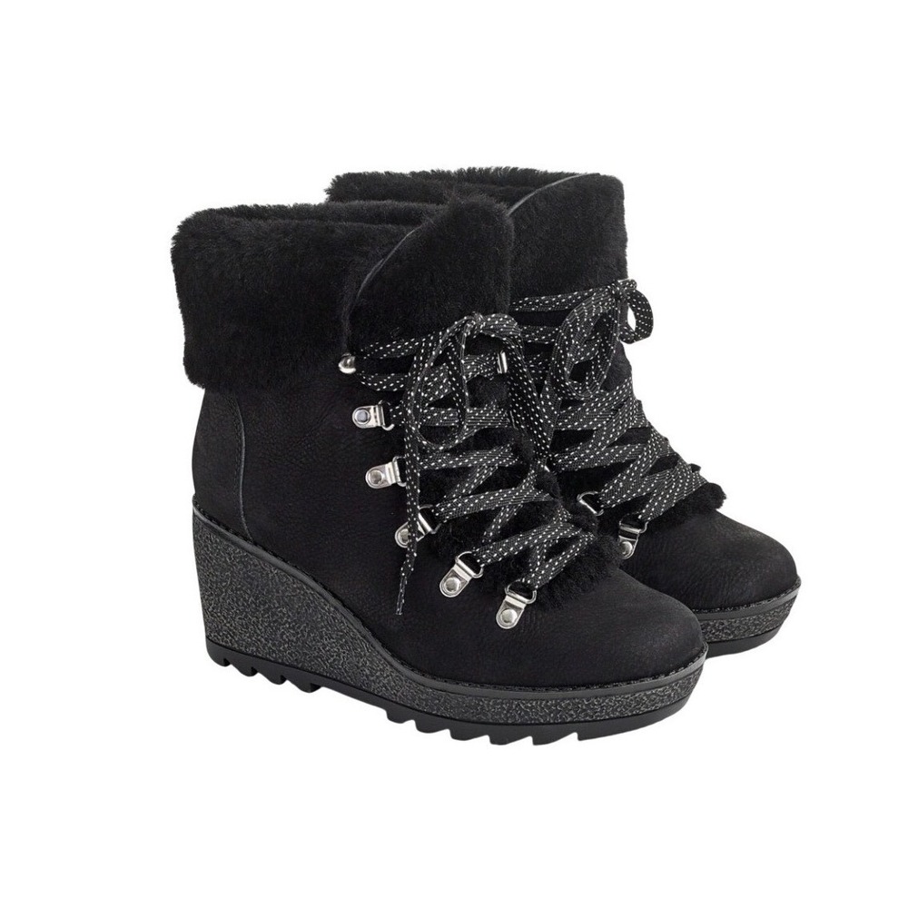 J Crew Nordic Wedge Winter Boots Fur Chunky Black sz 8 | Leather Boots | New